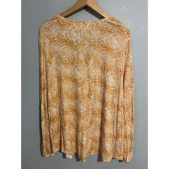 Chicos Shirt Womens 3 US XL Yellow White Boho Peasant Tassel V Neck Rayon Tunic - Picture 2 of 8